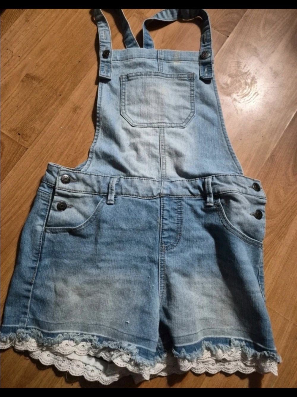 Kids Light Wash Denim Overall Shorts With Lace Trim